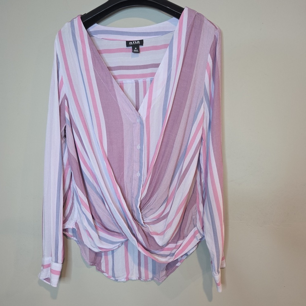 a.n.a Striped Twist Front Blouse Womens M Pink Purple V-Neck Long Sleeve Top‎